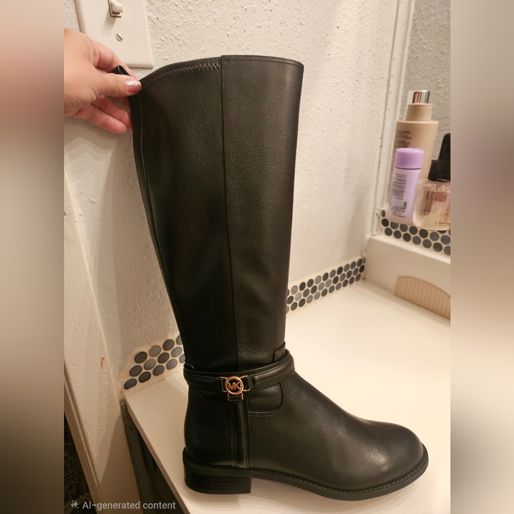 New Michael Kors Black Knee High Boots with Gold Detail